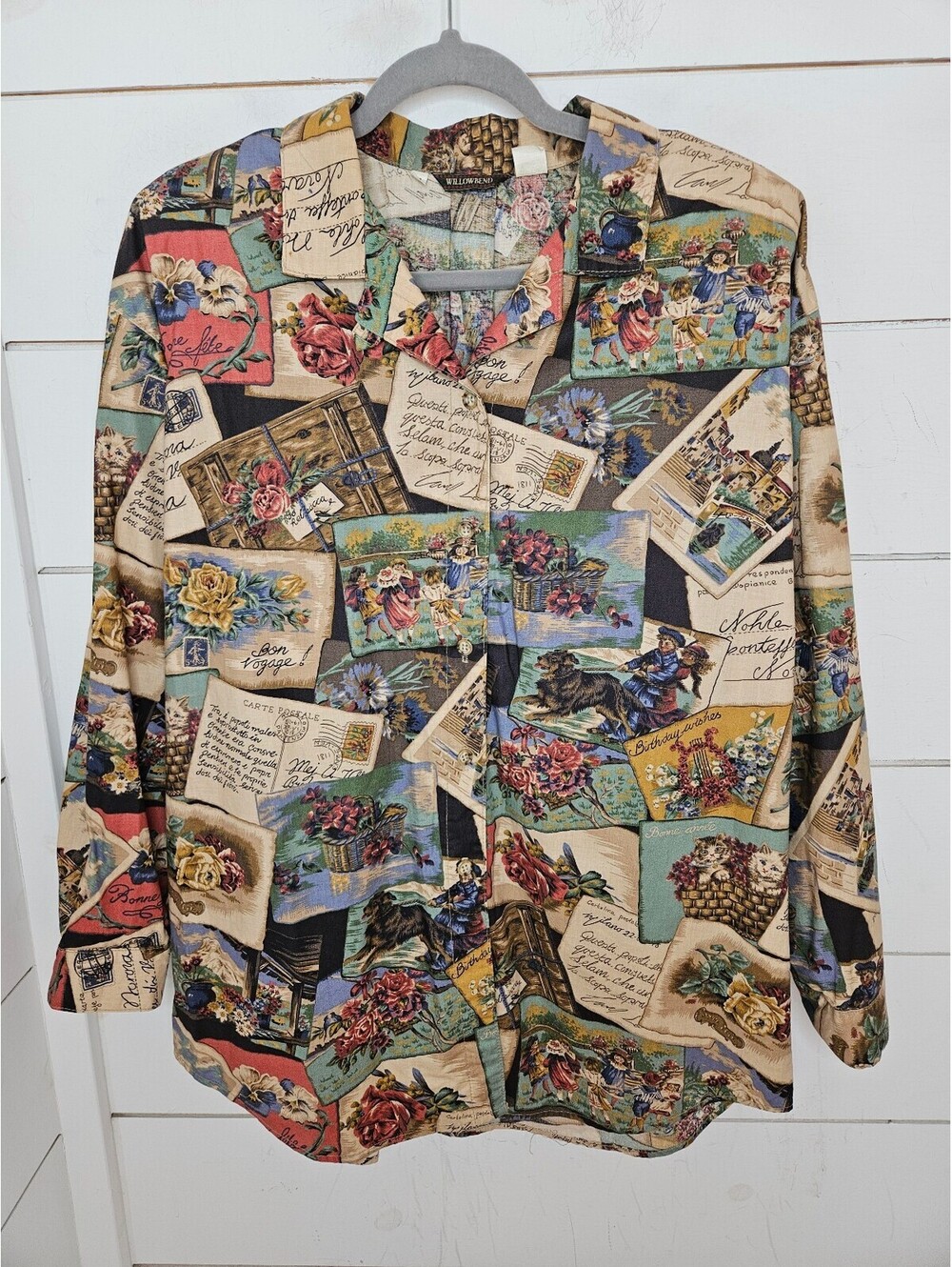 NWOT Vintage 90s XL Willowbend tan & multicolored cats dogs & letter shirt